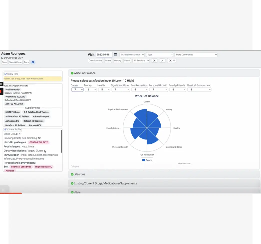 Screenshot of the functional medicine features